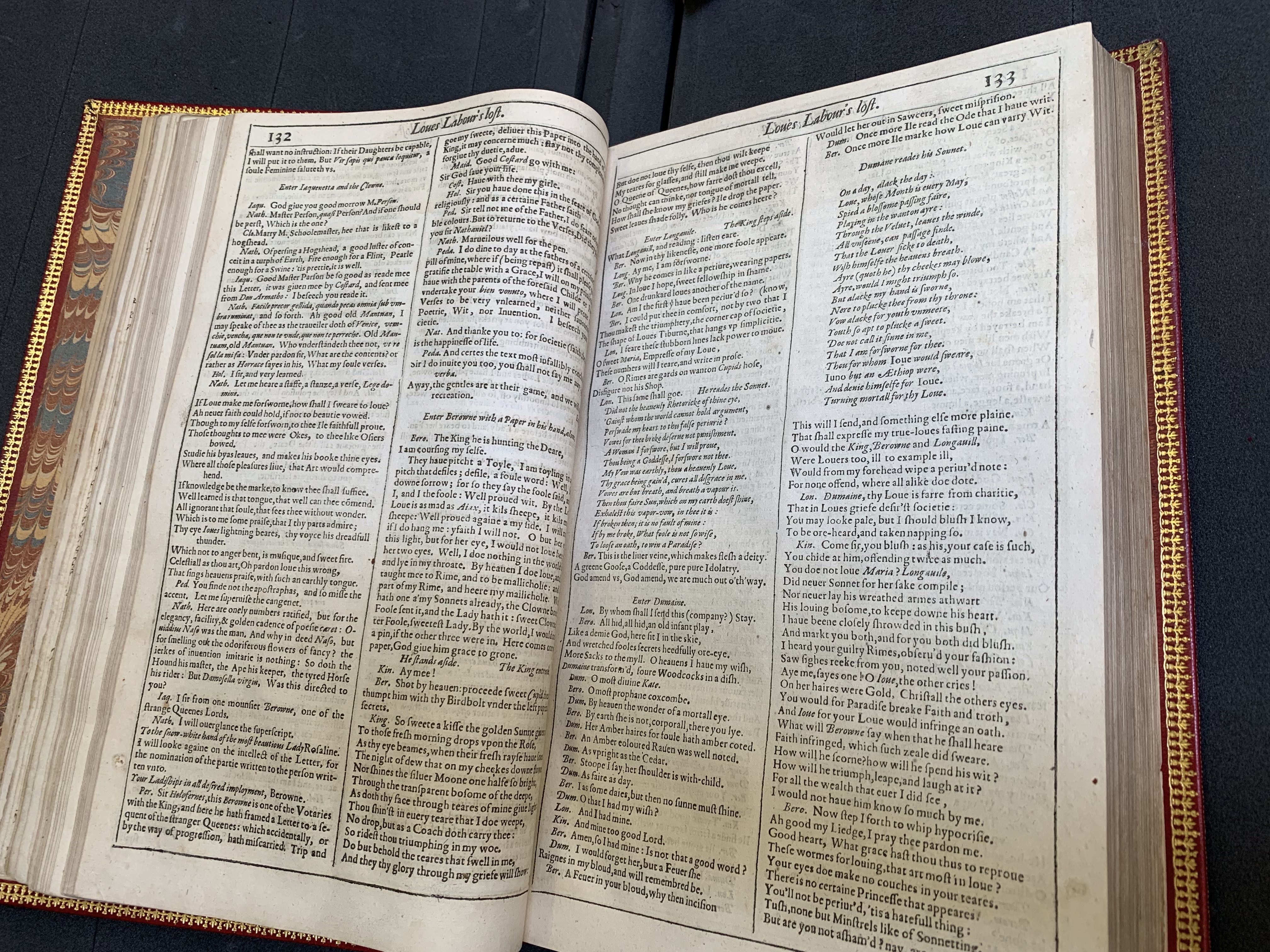 Cropped image of pages 132-133 of the First Folio showing scenes from Love's Labour Lost.