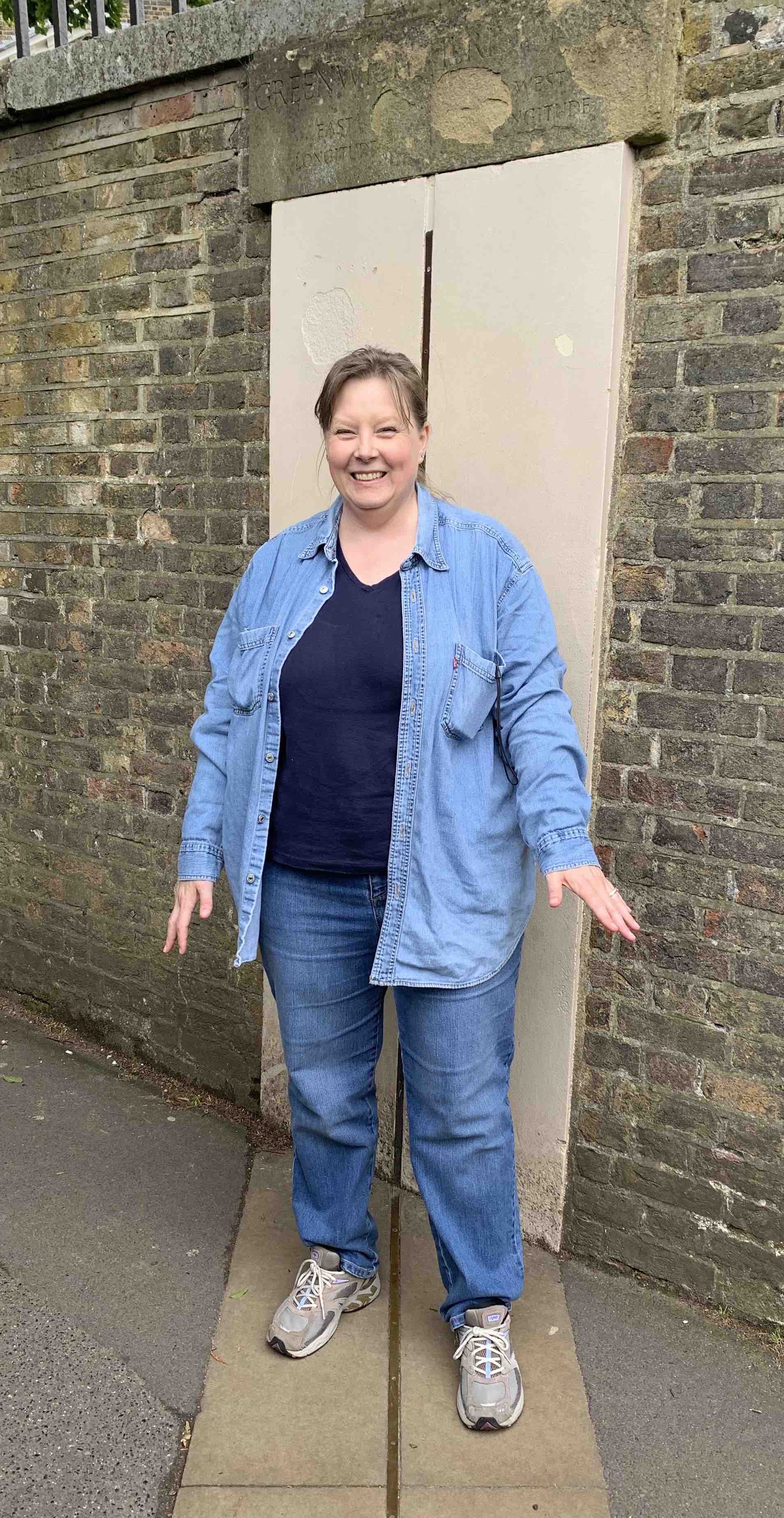 Cropped photo of the author standing over the Prime Meridian at the Royal Observatory Greenwich 