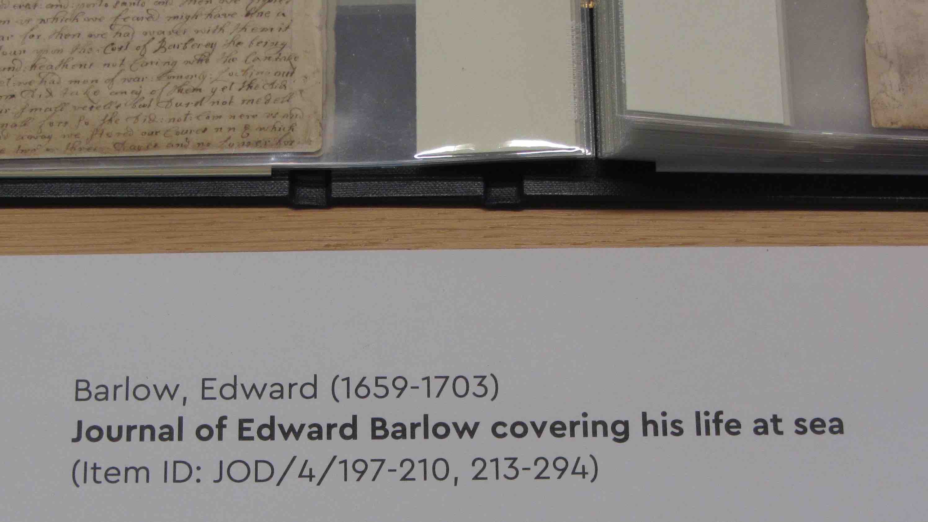 Cropped image of archive description label for Barlow, Edward (1659-1703); Journal of Edward Barlow covering his life at sea