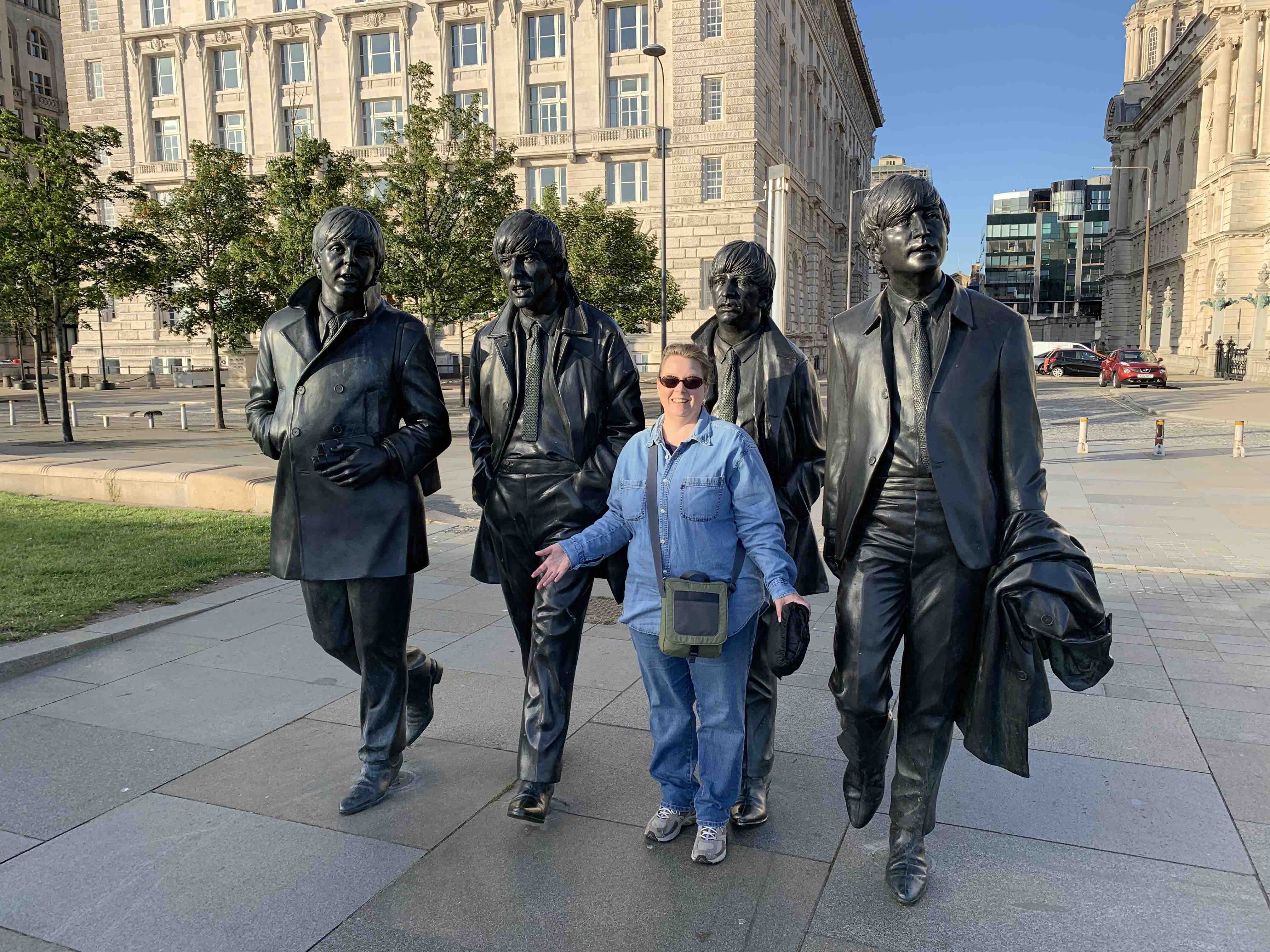 The author standing among the Beatles bronze sculptures, Liverpool